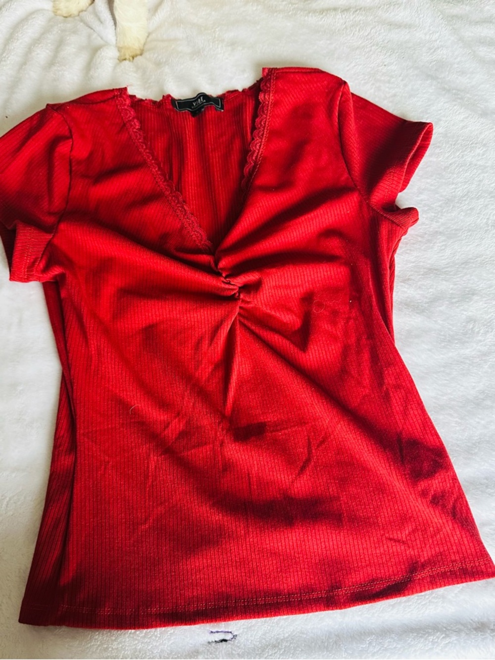 Vibe Red Ribbed Lace-Trim Top